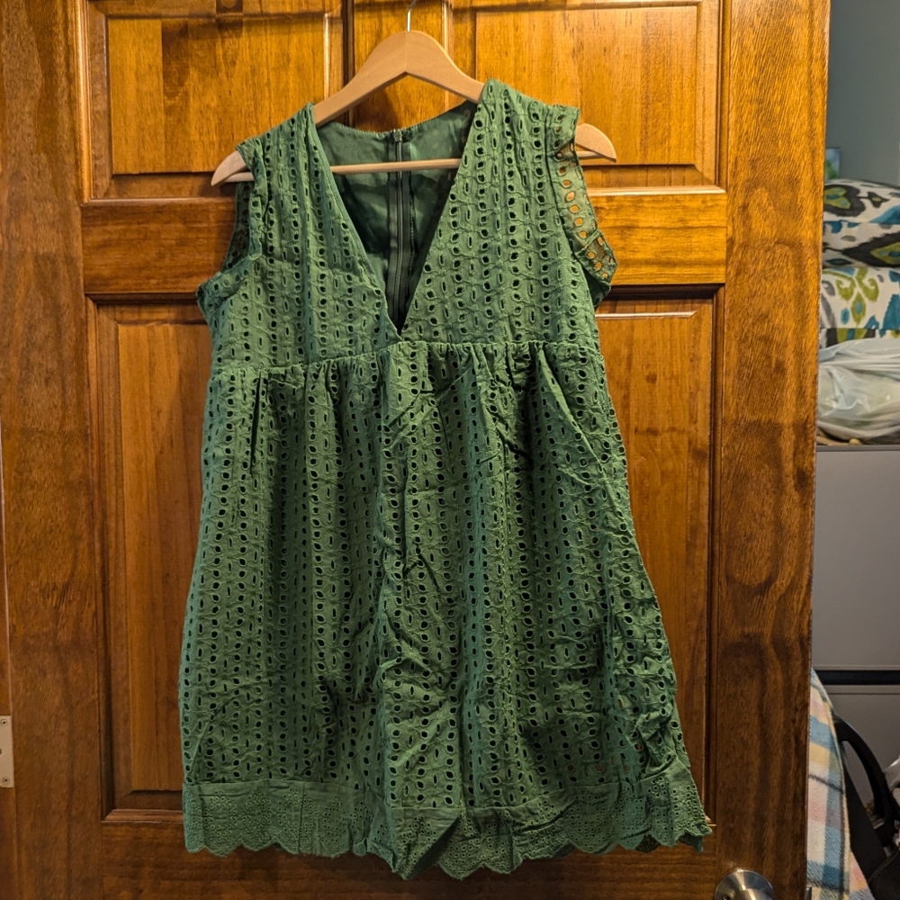 5/$20 Elegant Green Eyelet Mini Dress with shorts(romper)